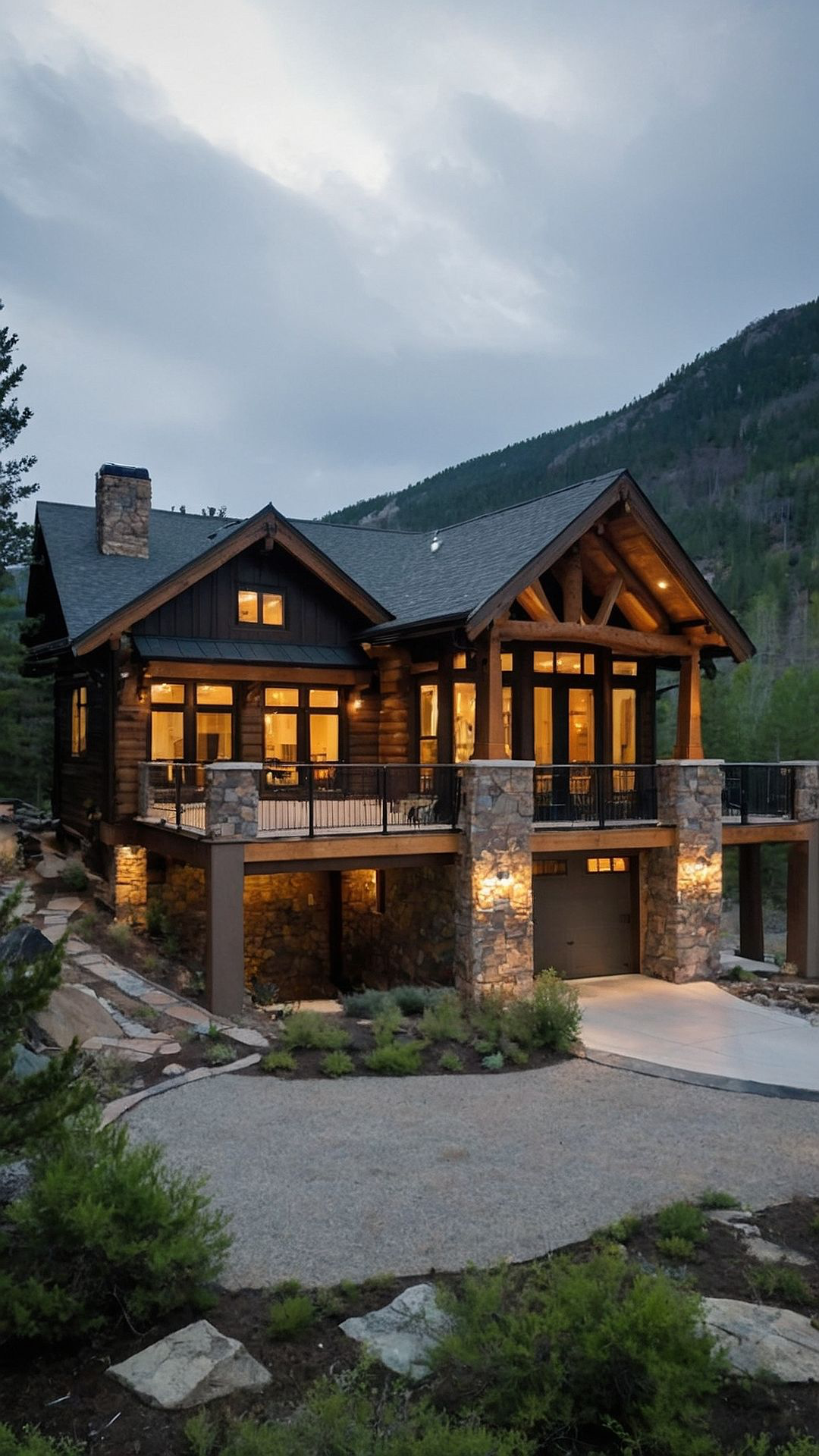 Luxury log and stone mountain home in Telluride Colorado at dusk with San Juan Mountain backdrop